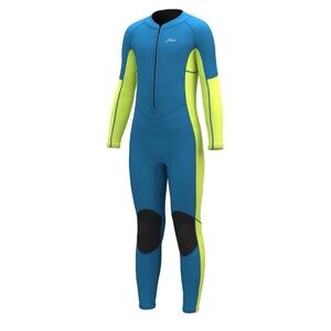 Kids Long-Sleeve Swim Wet Suit 2mm Thick- Blue & Neon Yellow 5T